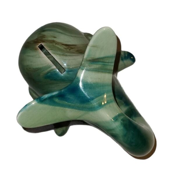 Vintage Ceramic Green Marble Swirl Glazed Whale Coin Bank - Picture 2 of 5